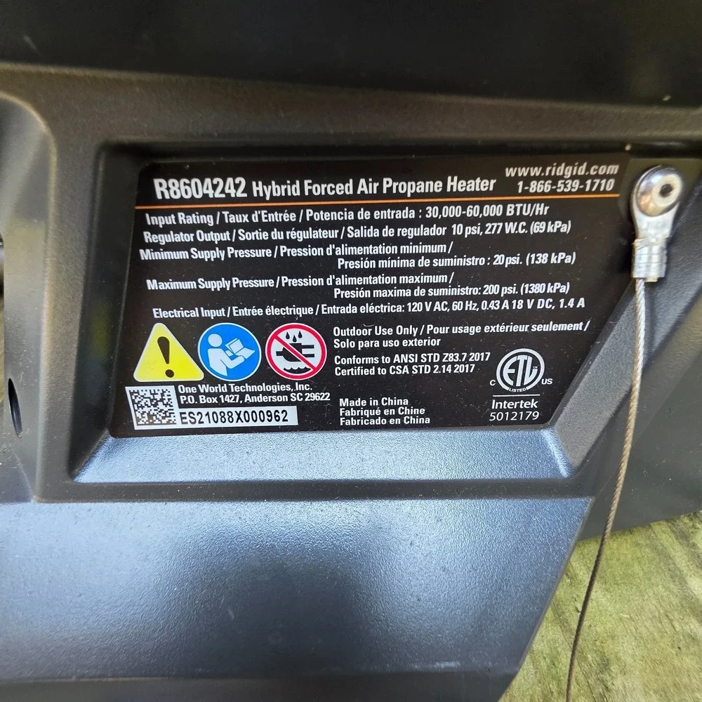 RIDGID Brushless 18V Hybrid Forced Air Propane Portable Heater R860424B